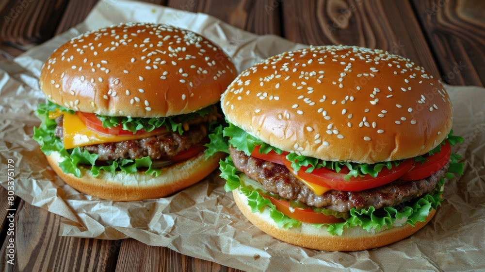 Two Hamburgers With Lettuce, Tomato, Onion, and Cheese