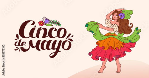 Cinco de mayo celebration banner. Horizontal background with dancing Mexican woman. Hand Lettering. Flamenco musical performance. Mexico Dancer at Cinco De Mayo festival. Vector doodle illustration.
