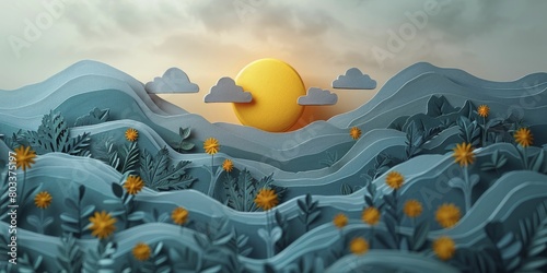 Photovoltaic solar panels in a field, visualized in minimalist paper cutout style, with the sun and clouds in bright yellows and blues, perfect for renewable energy advertisements.