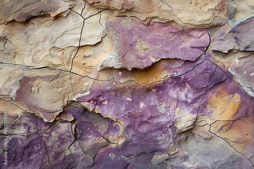 Textured background of rough uneven surface of brown and purple stone wall with cracks