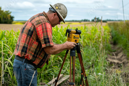 Surveyor preparing equipment in field
