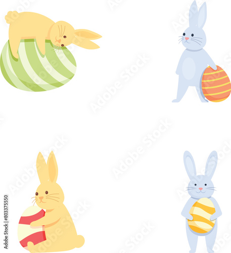 Easter bunny icons set cartoon vector. Cute rabbit and easter egg. Spring religious holiday