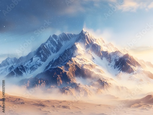 Majestic Mountain Range Illuminated by Stunning Sunset Light and Surrounded by Floating Dust Particles