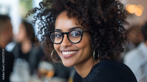 Happy woman with curly hair and glasses at a social event . Concept Portrait Photography, Social Events, Women's Fashion, Trendy Eyewear, Curly Hairstyles photo