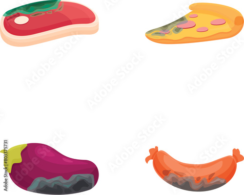 Moldy food icons set cartoon vector. Spoiled and damaged product. Organic food waste