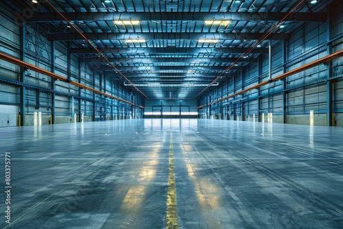 Wide angle interior view of large empty warehouse and loading dock doors