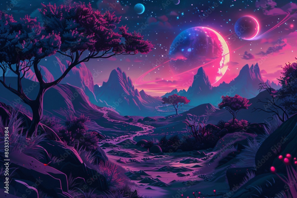 Fototapeta premium Dark synthwave landscape with mountains, trees and planets in the sky