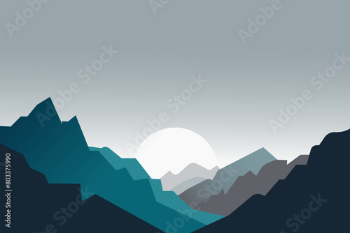 Vector minimalistic illustration of a mountain landscape and the sun above them.
