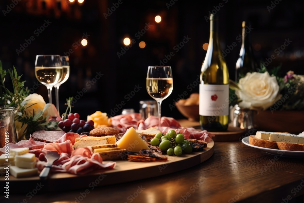 Light snacks in a plate on a buffet table. Assorted mini canapes, delicacies and snacks, restaurant food at event. A gala reception. Decorated delicious table for a party goodies.