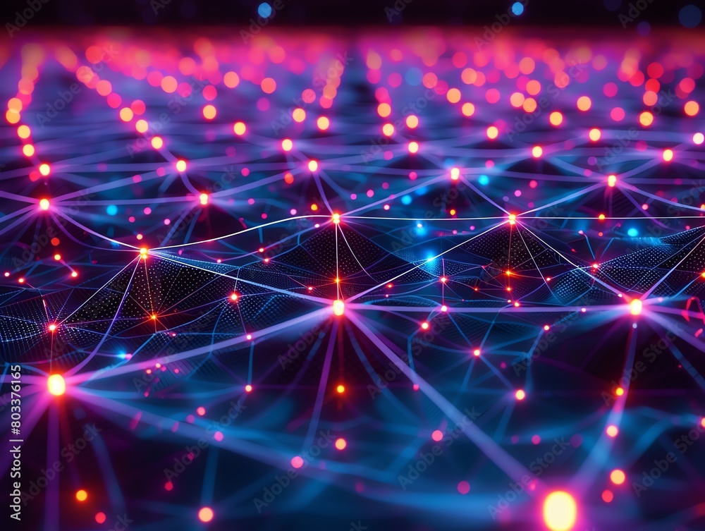 Digital landscape of a 3D grid with glowing nodes, representing a virtual reality space, dark background with neon accents Digital landscape of a 3D grid with glowing nodes, representing a virtual reality space, dark background with neon accents