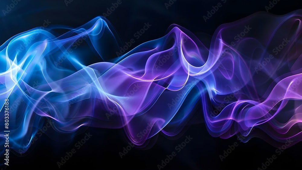 Glowing waves and smoke on abstract blue, purple, black, and white background. Concept Abstract Art, Colorful Waves, Smoke Effect, Blue Purple White Black Palette, Glowing Aesthetics