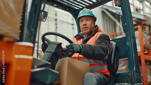 Mature Asian Male Forklift Operator Working in Outdoor Warehouse Setting