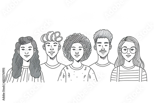 Multiethnic group of people in doodle style