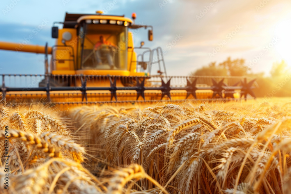 Fototapeta premium Golden ripe wheat cereal field meadow on bright summer day. Harvest background.