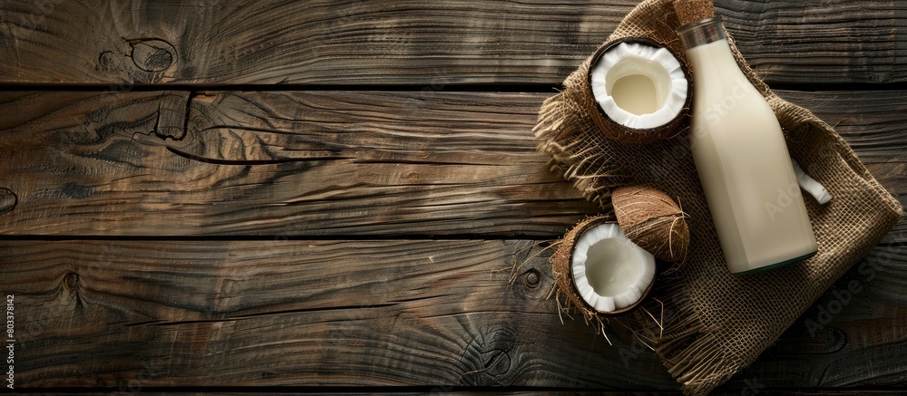 Coconut vegan milk in a bottle with space for text on a wooden surface. Coconut vegan milk in a bottle with space for text on a wooden surface.