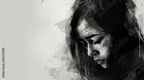 Sketch illustration of a crying young woman, space for text