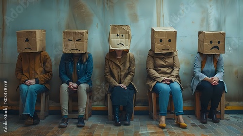 Minimalist Masking: Group of People with Paper Bag Masks in Modern Room photo