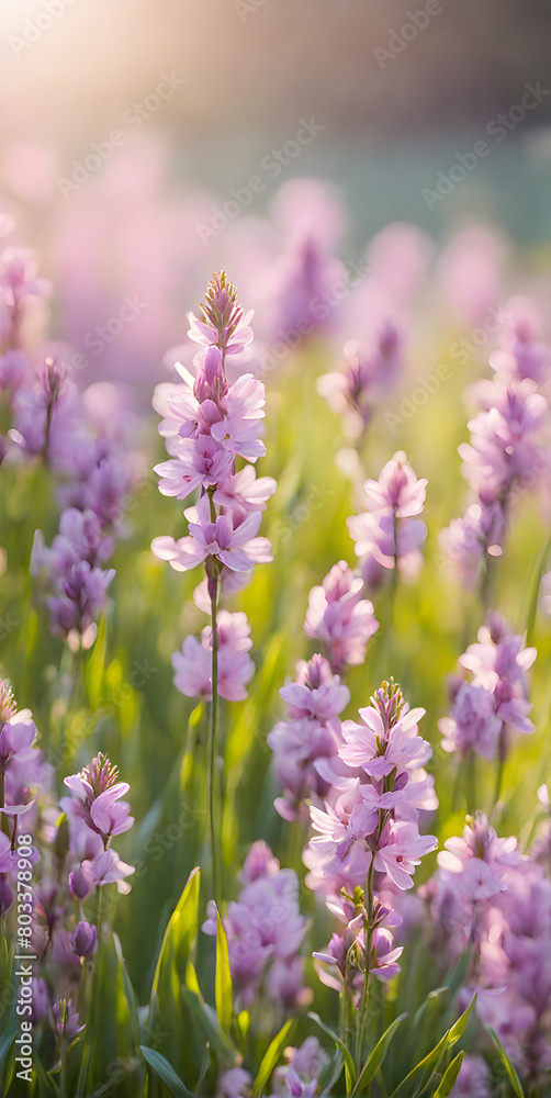 Fototapeta premium Spring flowers emerging gently, a burst of life in a minimalist landscape. Softly out of focus, lending an ethereal charm