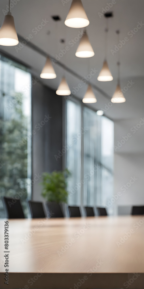 Minimalist business meeting room captured with selective focus on sleek conference table, with blurred participants in background Minimalist business meeting room captured with selective focus on sleek conference table, with blurred participants in background