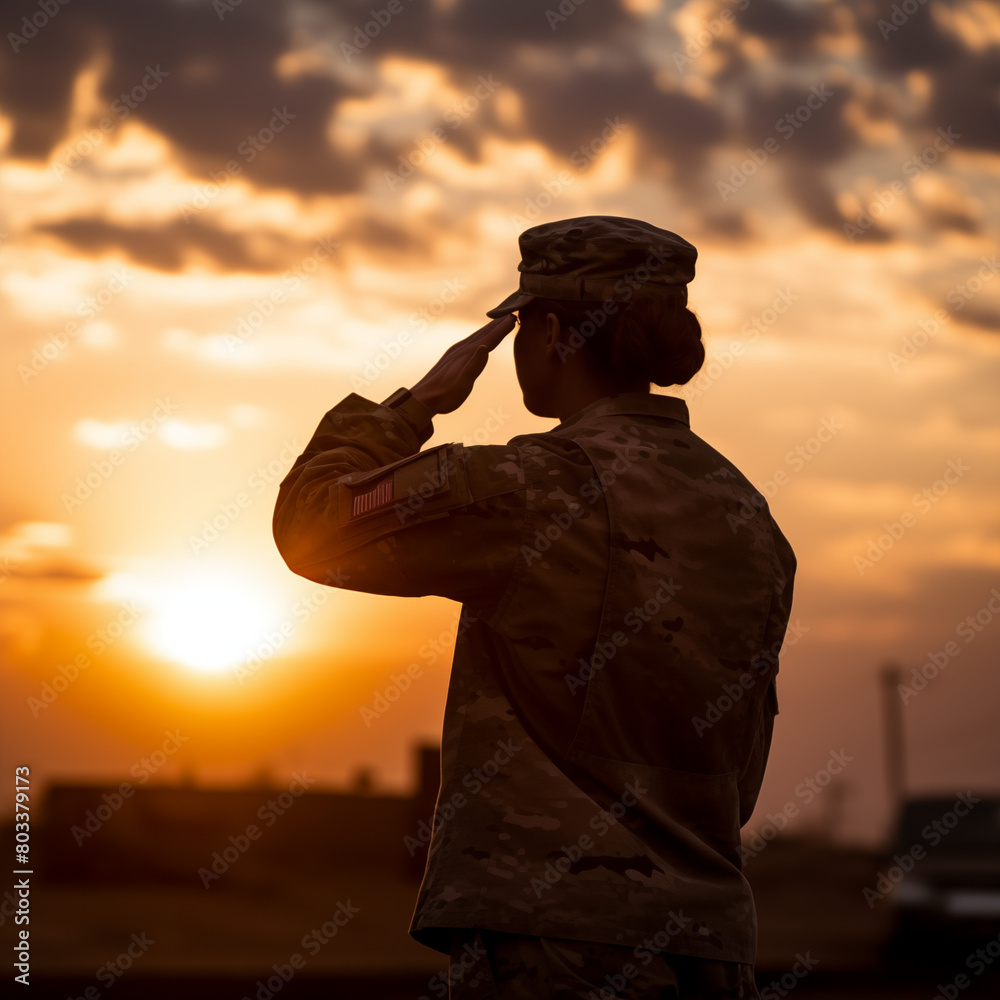 Fototapeta premium silhouette photo of a soldier saluting, Respect and honor, National pride