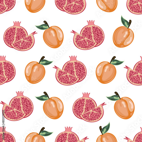 A colorful fruit pattern with apricots and pomegranates on a white background, a seamless summer fruit pattern photo