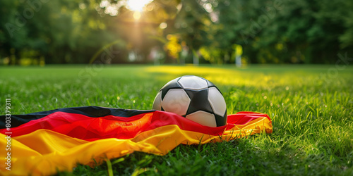  Soccer ball sunset with german flag at the soccer field - Football in the sunset photo