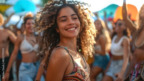 Diverse group of friends dancing at summer music festival enjoying music. Concept Summer Music Festival, Diverse Group, Dancing Friends, Enjoying Music, Fun Atmosphere