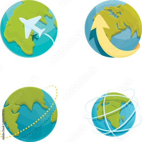 Around globe icons set cartoon vector. Passenger plane flies around earth. Travel around world
