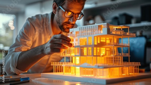 3D printed building model being examined by engineers, close-up, high contrast lighting to highlight details photo