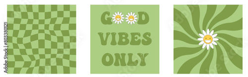 Retro green colorful 70's poster collection. Groovy Good vibes only slogan. Vector illustration.