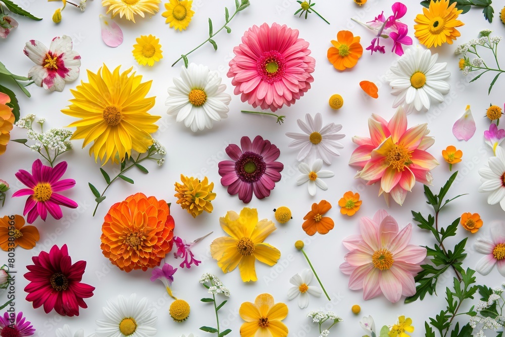 Vibrant Colorful Flowers on White Surface Vibrant Colorful Flowers on White Surface