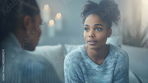 A young Black woman engages in a therapy session about mental health with a psychologist. Concept Therapy Session, Mental Health, Black Woman, Psychologist, Supportive Environment photo