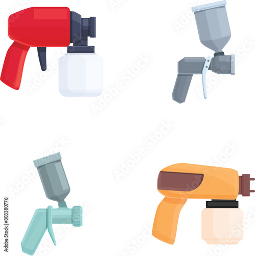 Paint gun icons set cartoon vector. Pistol pulverizer with nozzle. Industrial and artistic painting