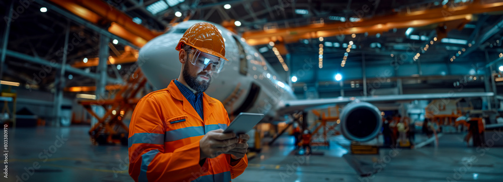Innovative Engineer Capturing Aircraft Construction Progress with Digital Tablet Innovative Engineer Capturing Aircraft Construction Progress with Digital Tablet