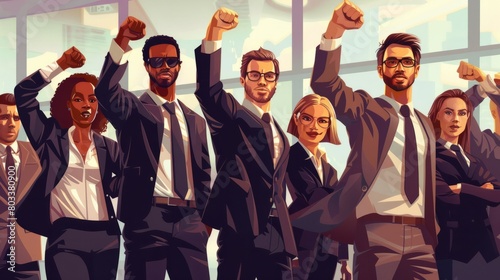 Group of business professionals with raised fists, celebrating a success or achievement in a corporate environment. hyper realistic  photo