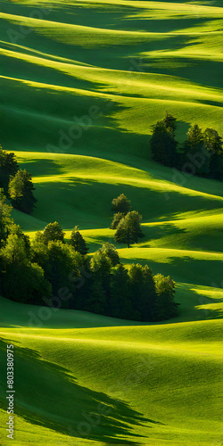 A summer landscape with a blazing sun casting long shadows, a minimalistic composition with few elements