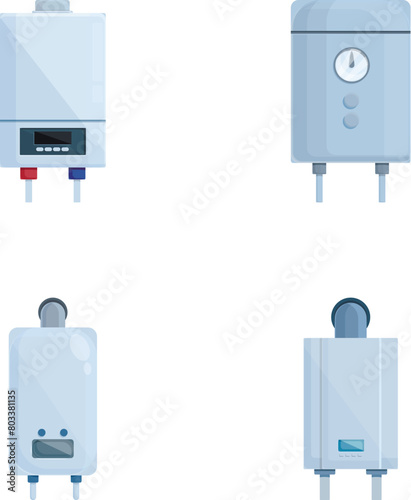 Water heater icons set cartoon vector. Gas boiler and electric water heater. Home equipment