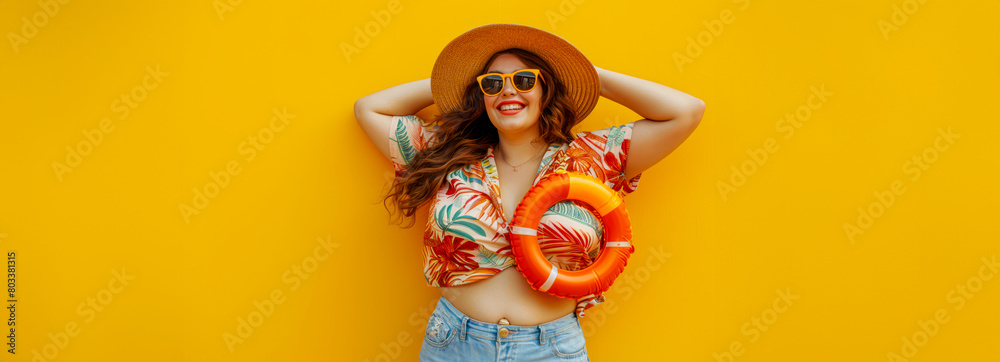 Cheerful Plus Size Woman Spreading Joy on Summer Getaway: Playful Curvy Lady in Casual Beach Attire Dancing with Orange Beach Float on Bright Yellow Backdrop Vacation Fun Idea