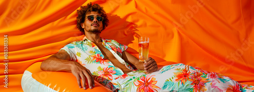 Chill Out in Style: Man Relaxing on Float with Cocktail in Hand on Vibrant Orange Background