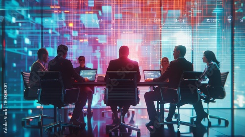 Mixed group of diverse company business people meeting and discussion around a table. Business team analyzing financial data inside modern meeting room. Generative AI hyper realistic 