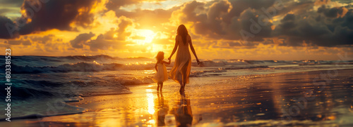 Mother-Daughter Bonding  A Tranquil Sunset Beach Walk Captured in Memories