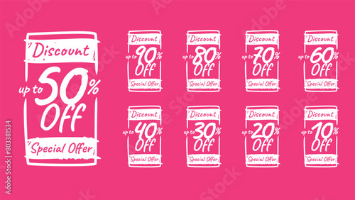 Freehand drawn special offer discount set. Different value percent off. 90, 80, 70, 60, 50, 40, 30, 25, 20, 10 percentage price reduction label. Sale offer emblem set, badge price discount number.