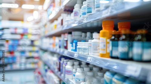 medical equipment and drug store on blurred background