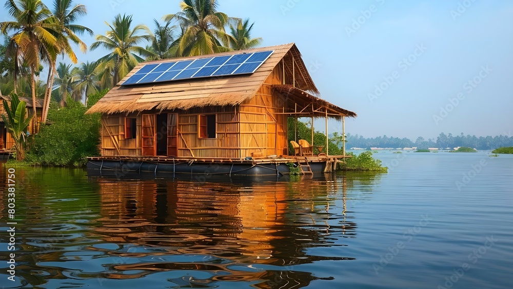 Sustainable floating village in Kerala, India: Bamboo structures and solar panels. Concept Bamboo Structures, Solar Panels, Kerala, Sustainable Living, Floating Village