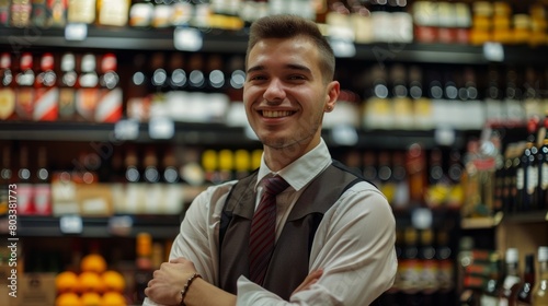 Smiling Liquor store attendant posing looking at the camera hyper realistic 