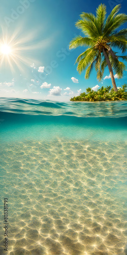 Midday sun casting a radiant glow on a calm azure sea, sunrays gently penetrating the crystal-clear waters