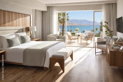 Artists depiction of hotel room with king bed and ocean view © malkovkosta