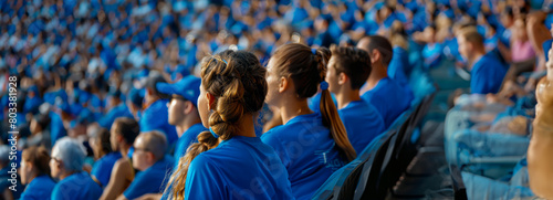 Passionate supporters in the stands, clad in blue shirts, rallying behind their team in the fan zone during an exciting live match