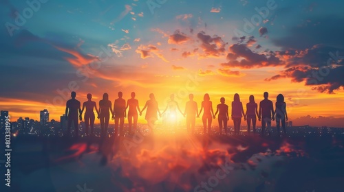 work charity volunteer together hands standing team business background city modern people business silhouette together hand join business teamwork panoramic exposure double. corona hyper realistic 