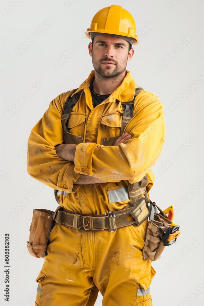 Construction worker in yellow overalls Construction worker in yellow overalls